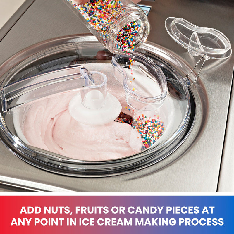Closeup image of rainbow-colored sprinkles being poured from a small glass jar into pink ice cream through the refill opening. Text below reads, "Add delicious mix-ins like nuts, fruits, or candy pieces at any time during the ice cream making process"