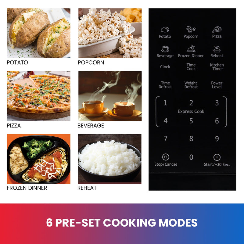 On the right is a closeup of the microwave control panel and on the left are 6 lifestyle images of foods representing the preset functions: Potato; popcorn; pizza; beverage; frozen dinner; reheat. Text below reads, “6 Pre-set cooking modes”