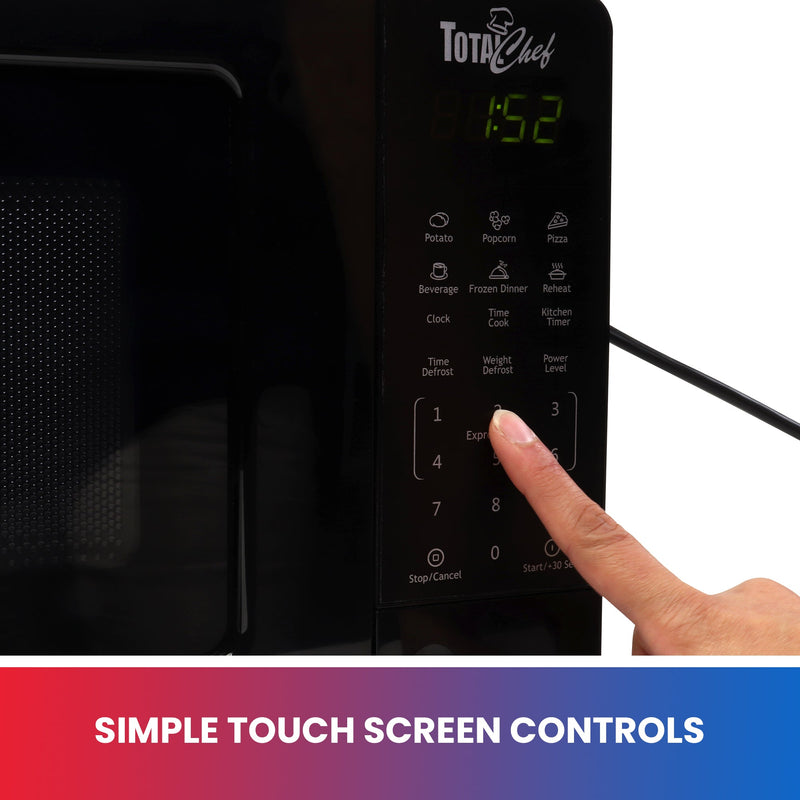 Closeup image of a person’s finger touching the microwave controls. Text below reads, “Simple touch screen controls”
