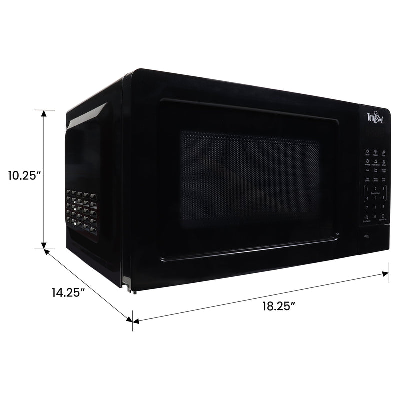 Product shot of black microwave on white background with dimensions labeled