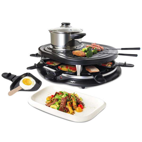 Product shot of raclette and fondue set on white background with various types of food being grilled or warmed: Sausages, broccoli, fried egg, stir-fry, cheese