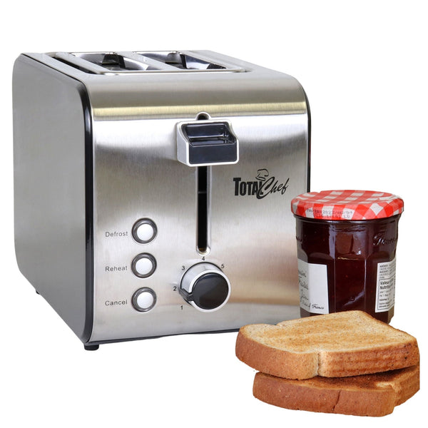 Product shot of toaster on white background with two slices of toast and a jar of jam in front