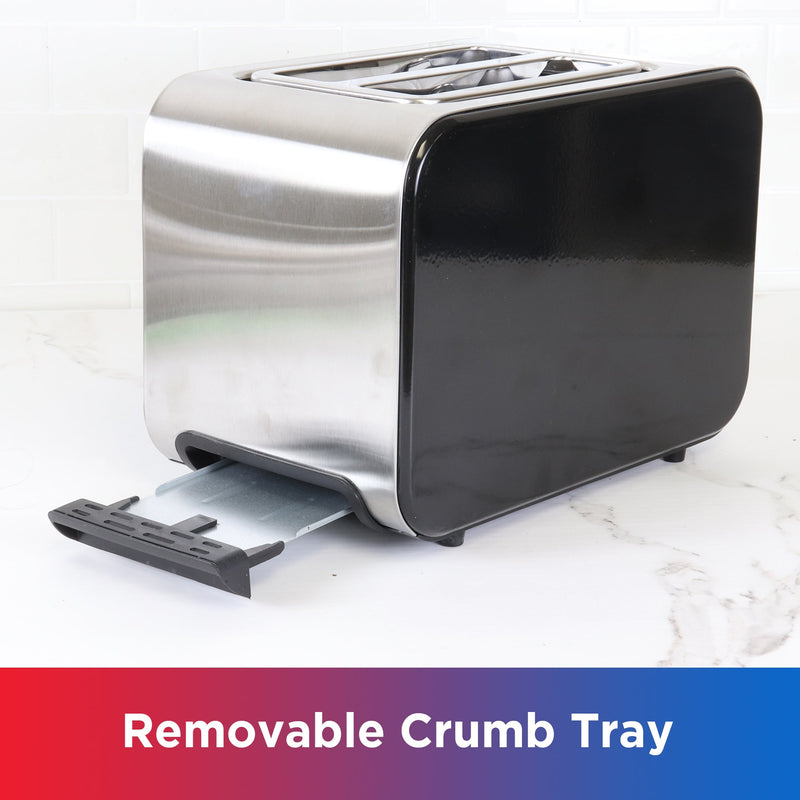 Lifestyle image of back of toaster with crumb tray partly pulled out on a white marble countertop. Text below reads, "Removable crumb tray"