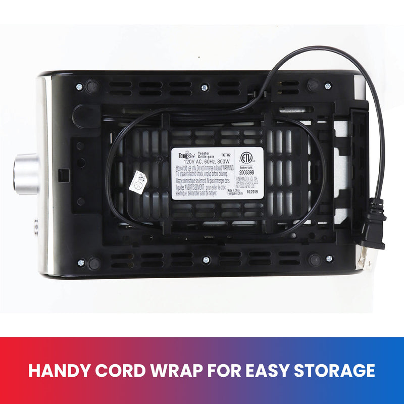 Product shot of bottom of toaster showing wraparound cord storage. Text below reads, "Handy cord wrap for easy storage"
