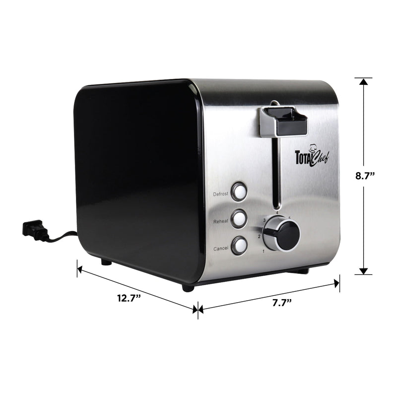 Product shot of black and stainless steel toaster on white background with dimensions