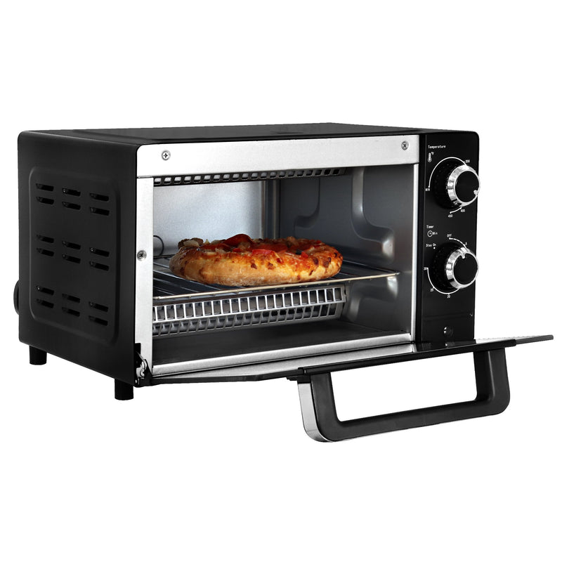 Product shot of toaster oven on white background with door open and a small pizza inside