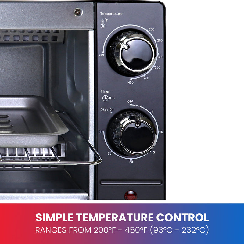 Closeup image of toaster oven control dials for temperature and timer. Text below reads "Simple temperature control: Ranges from 200F-450F (92C-232C)"