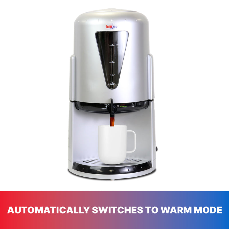 Product shot of Total Chef 24-cup beverage warmer on a white background with coffee dispensing into a white mug. Text below reads, "Automatically switches to warm mode"