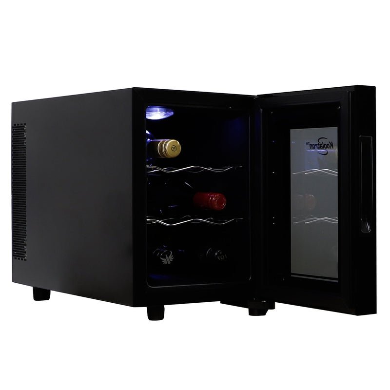 Koolatron 6 bottle wine cooler, open with bottles of wine inside, on a white background