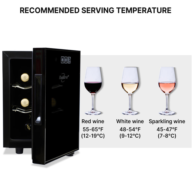 Koolatron 6 bottle single zone wine fridge, open, with pictures of three wine glasses to the right containing red, white, and rose wines; Text above reads "Recommended serving temperature" and text below each glass describes the ideal temperature