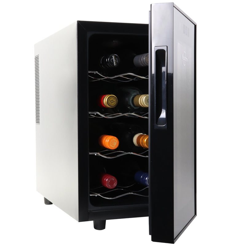 Koolatron 8 bottle wine cooler, open with bottles of wine inside, on a white background