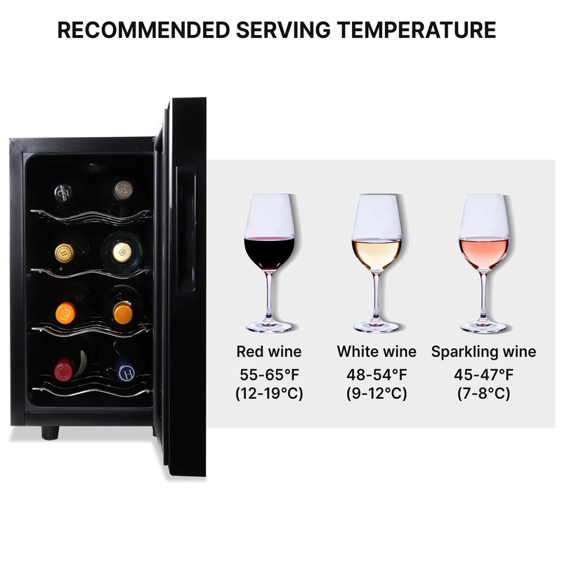 Koolatron 8 bottle single zone wine fridge, open, with pictures of three wine glasses to the right containing red, white, and rose wines; Text above reads "Recommended serving temperature" and text below each glass describes the ideal temperature