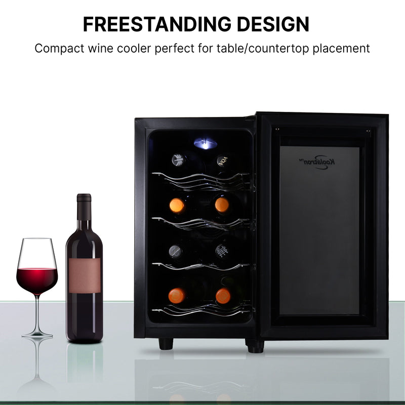 Product shot of wine cooler, open, with a bottle and glass of red wine to the left; Text above reads "Freestanding design: Compact wine cooler perfect for floor placement"