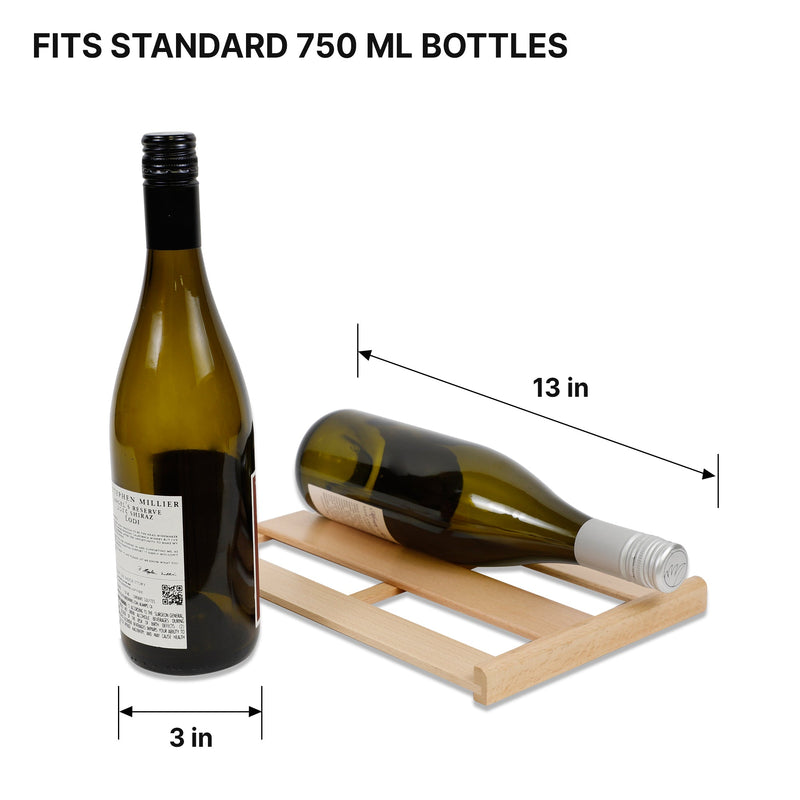Removable beechwood rack from Koolatron 12 bottle wine chiller with dimensions listed and one wine bottle lying on it and one standing up beside it. Text above reads "Fits standard 750 mL bottles"