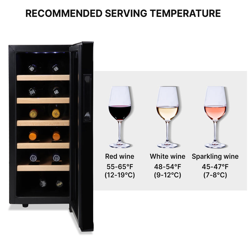 Koolatron 12 bottle single zone wine fridge, open, with pictures of three wine glasses to the right containing red, white, and rose wines; Text above reads "Recommended serving temperature" and text below each glass describes the ideal temperature
