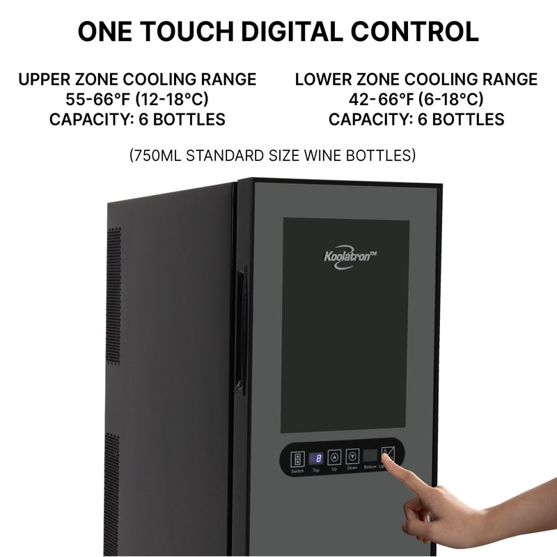 Closeup of person’s finger touching button on digital control panel; Text above reads "One touch digital control" and lists temperature ranges of upper and lower zones