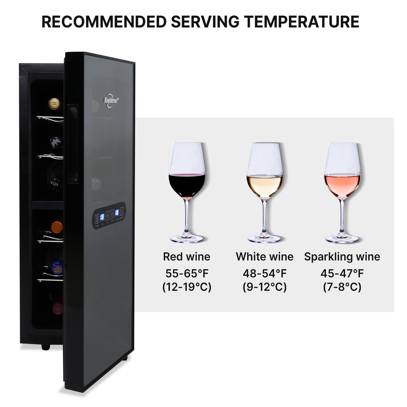 Koolatron 12 bottle dual zone wine fridge, open, with pictures of three wine glasses to the right containing red, white, and rose wines; Text above reads "Recommended serving temperature" and text below each glass describes the ideal temperature