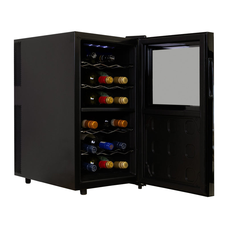 Product shot on white background of wine cooler open with bottles of wine inside
