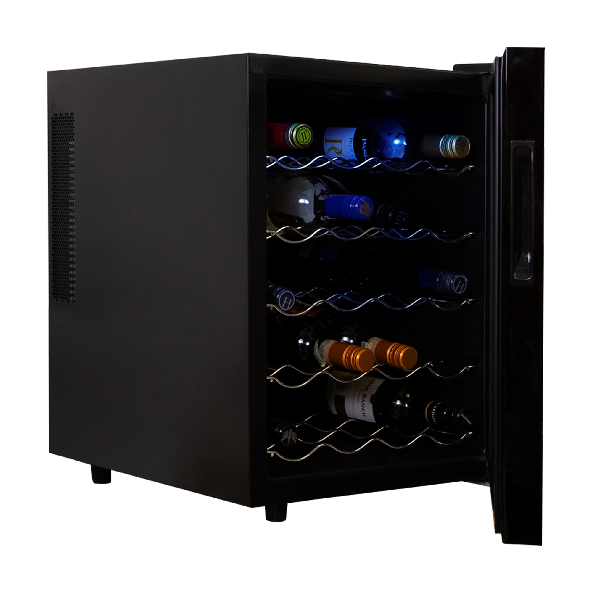 Koolatron 20 bottle wine cooler, open with bottles of wine inside, on a white background