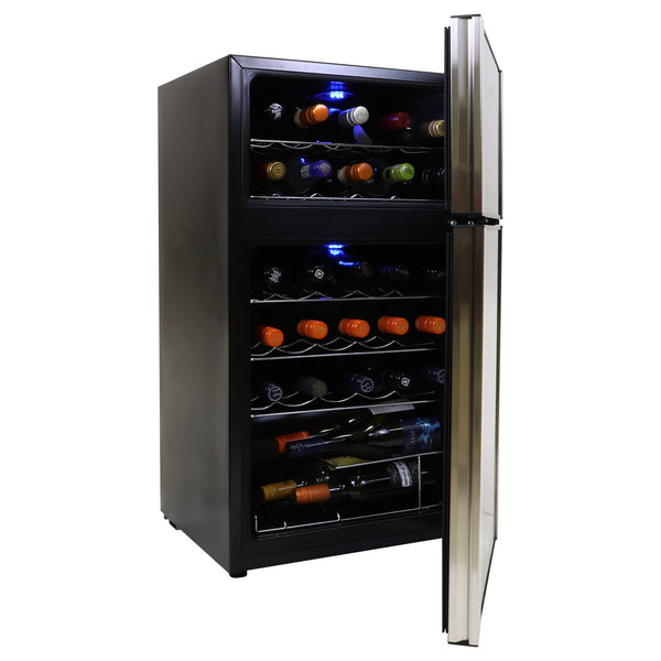 Koolatron 29 bottle dual zone wine cooler, open with bottles of wine inside, on a white background