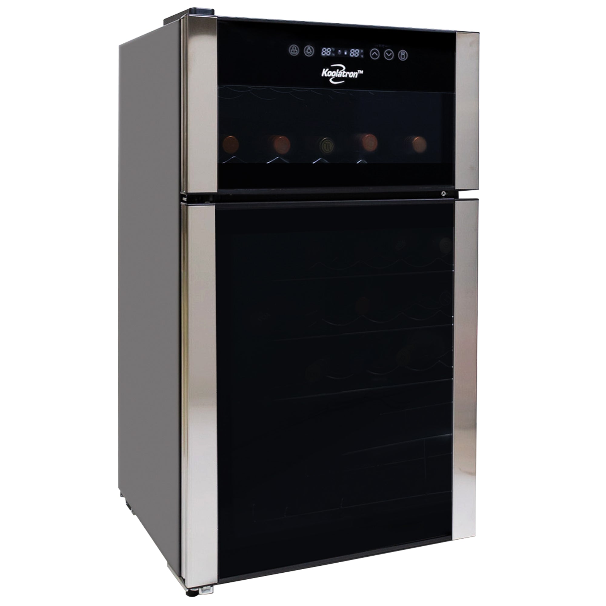 Koolatron 29 bottle dual zone freestanding wine fridge, open and filled with bottles of wine, set up in an elegant living room beside a brown sofa