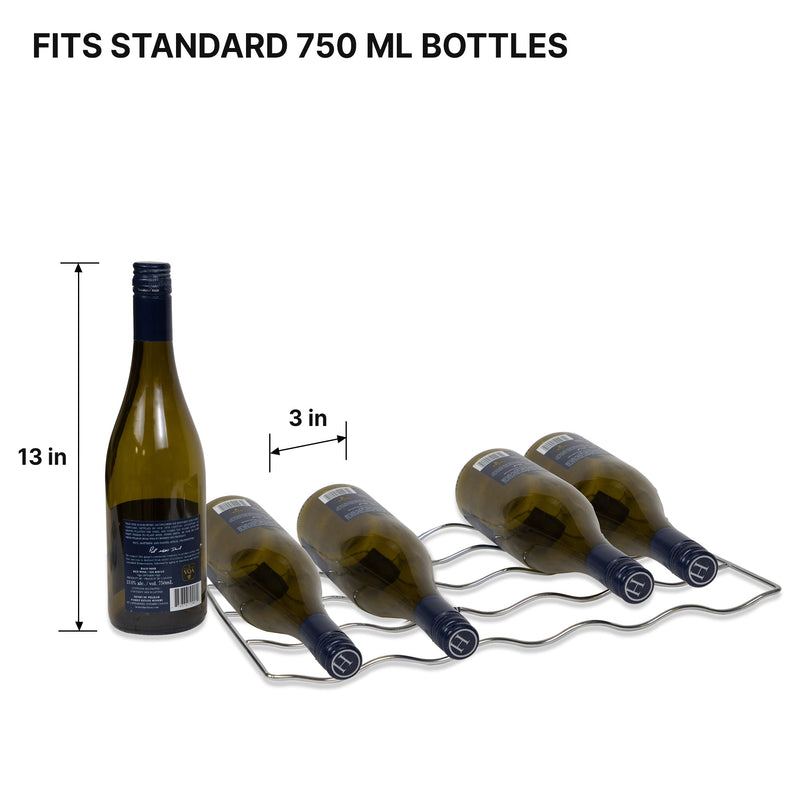 Product shot on white background of wire rack with 4 wine bottles laying on it and one standing to the left with dimensions; Text above reads "Fits standard 750 mL bottles"