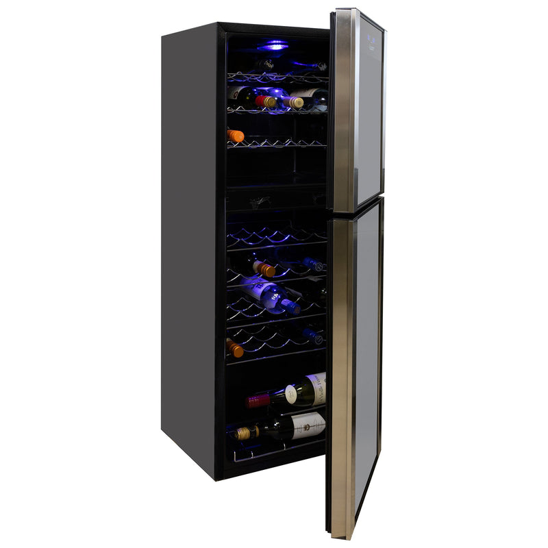Koolatron 45 bottle dual zone wine cooler, open with bottles of wine inside, on a white background
