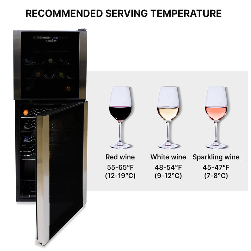  Product shot of wine fridge with lower door open and three wine glasses to the right containing red, white, and rose wines; Text above reads "Recommended serving temperature" and text below each glass describes the ideal temperature