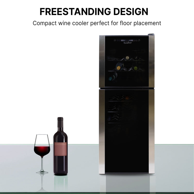 Koolatron 45 bottle dual zone wine fridge, open, with a bottle and glass of red wine to the left; Text above reads "Freestanding design: Compact wine cooler perfect for floor placement"