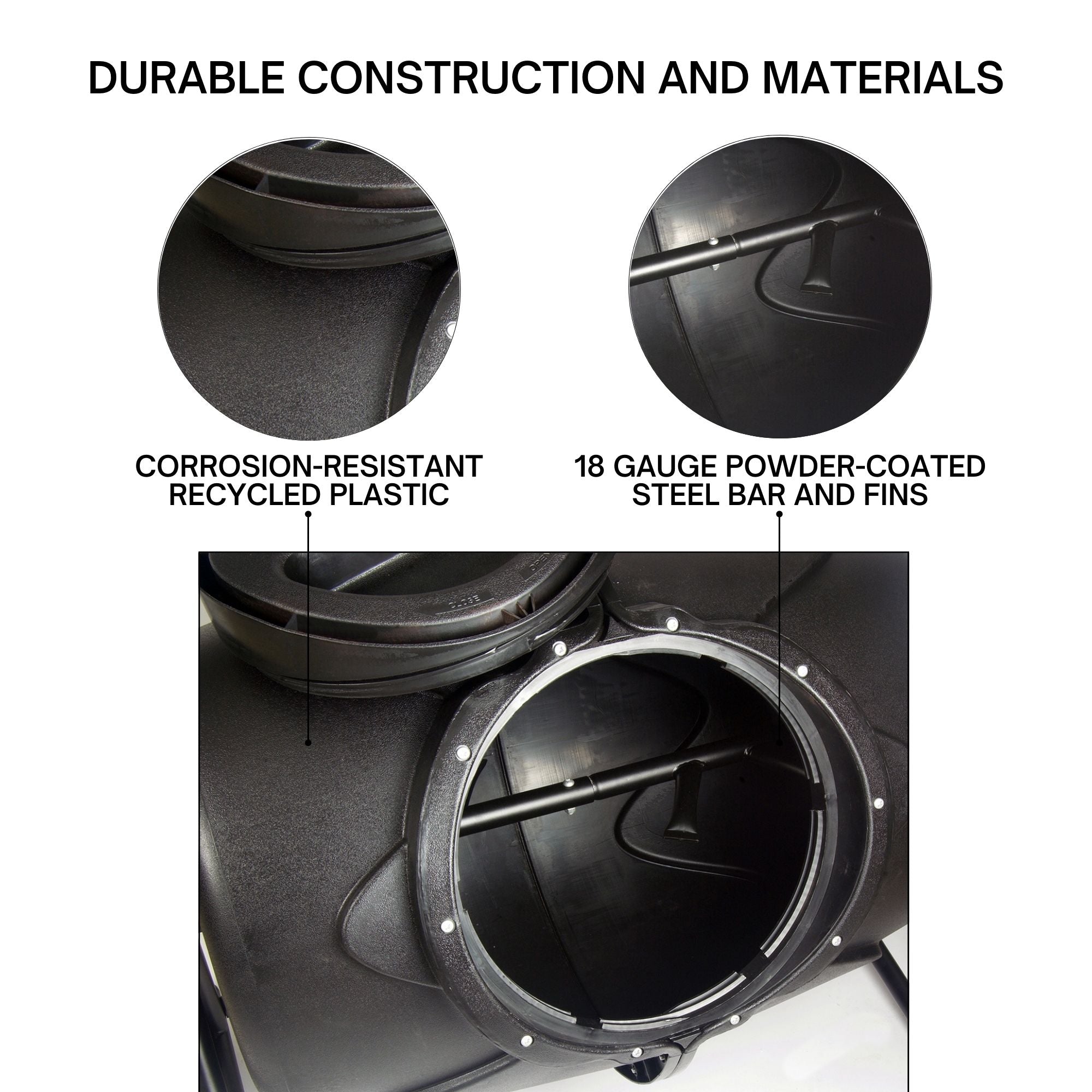 Closeup product shot of clean and empty wheeled tumbling composter with lid placed on top. Text at the top reads, "Durable construction and materials," and inset closeups are labeled, "Corrosion-resistant recycled plastic," and "18 gauge powder-coated steel bar and fins"