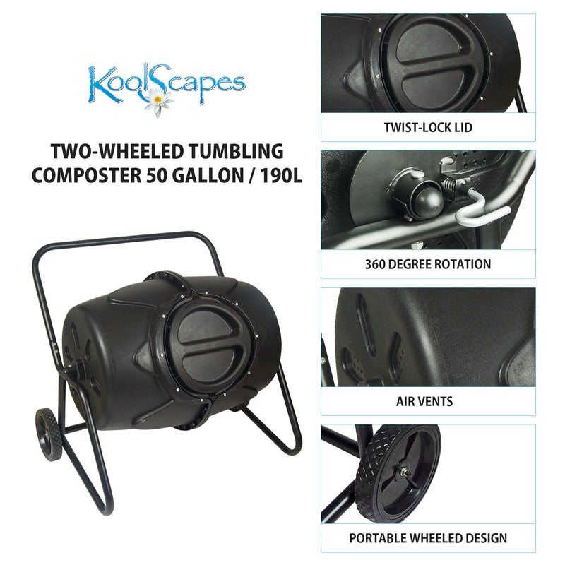 On the left is a product shot of wheeled tumbling composter on a white background with text above reading, "Koolscapes two-wheeled tumbling composter 50 gallon/190L." On the right are four closeup images of parts, labeled: Twist-lock lid; 360 degree rotation; air vents; portable wheeled design