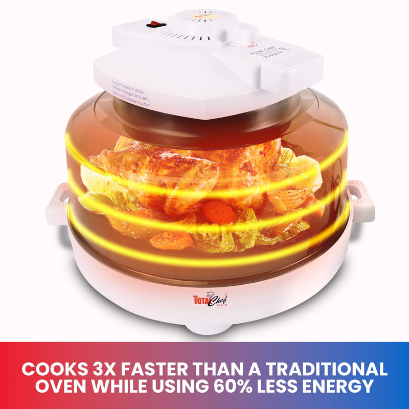 Product shot of Total Chef infrared oven with a roast chicken dinner inside and orange lines around the outside indicating that it is hot. Text below reads "Cooks 3x faster than a traditional oven while using 60% less energy"