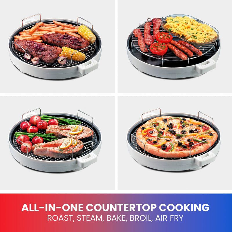 Four images on light gray backgrounds show the grill pan of the Total Chef infrared oven with different types of cooked food: Steak, french fries, and corn on the cob; Bacon, sausage, grilled tomatoes, and a dish of scrambled eggs; vegetarian pizza; salmon steaks with grilled asparagus and roasted red-skinned potatoes. Text below reads, "All-in-one countertop cooking: Roast, steam, bake, broil, air fry"