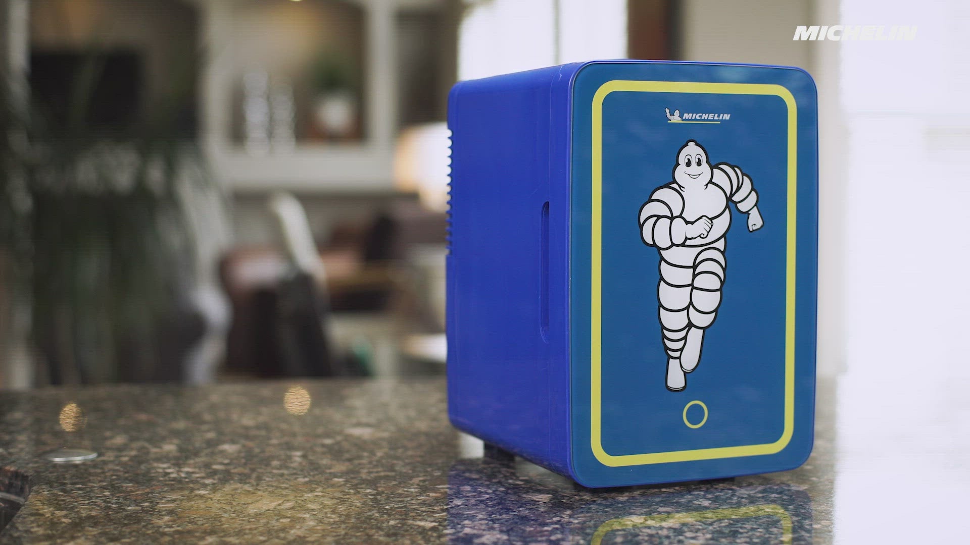Video with music in the background shows the parts and features of the Michelin portable 6 can mini fridge