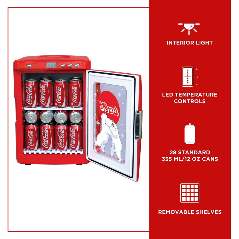 Product shot of Coca-Cola 28 can mini fridge with display window, open and filled with cans of Coke, on a white background. Text and icons to the right describe: Interior light; LED temperature controls; 28 standard 355 mL/12oz cans; removable shelves