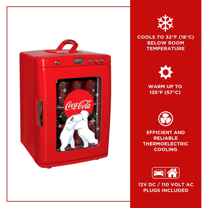 Product shot of Coca-Cola 28 can beverage display cooler on a white background, closed and filled with cans of Coke. Text and icons to the right describe: Cools to 32F (18C) below room temperature; warm up to 135F (57C); efficient and reliable thermoelectric cooling; 12V DC/110V AC plugs included