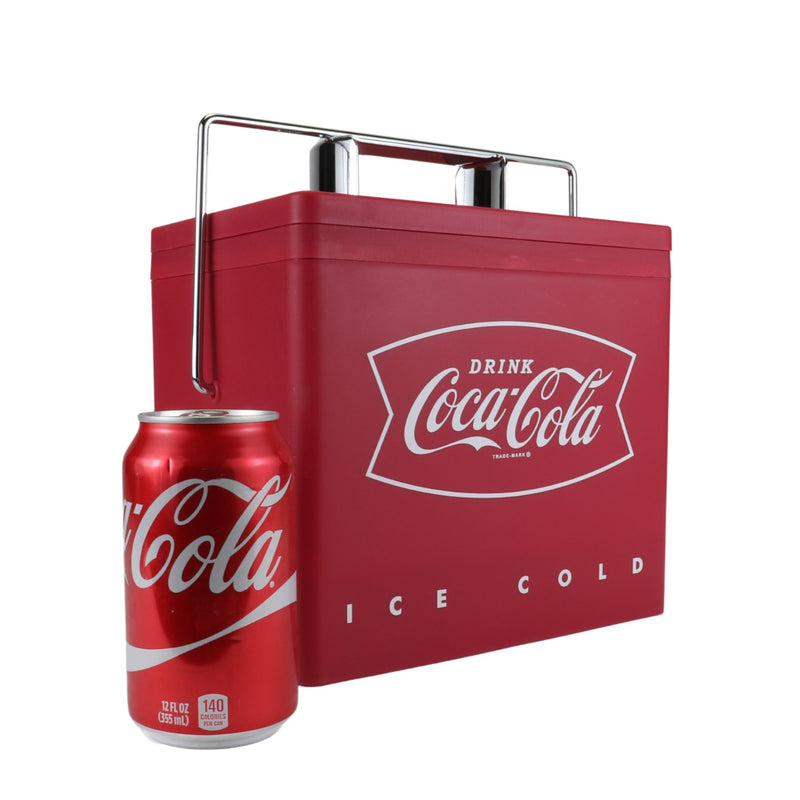 Coca-Cola Retro Ice Chest Style Electric Cooler w/ 12V DC and 110V AC Cords, Can Mini Fridge, 4L qt) Portable Travel Fridge, Red and Silver,