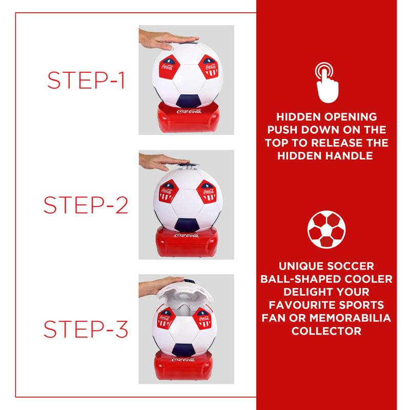 Three images, labeled Steps 1 to 3, show a hand resting on top of the cooler, pressing down on the hidden latch release, and opening the lid. Text and icons to the right describe, "Hidden opening: push down on the top to release the hidden handle," and "Unique soccer ball-shaped cooler: delight your favorite sports fan or memorabilia collector"