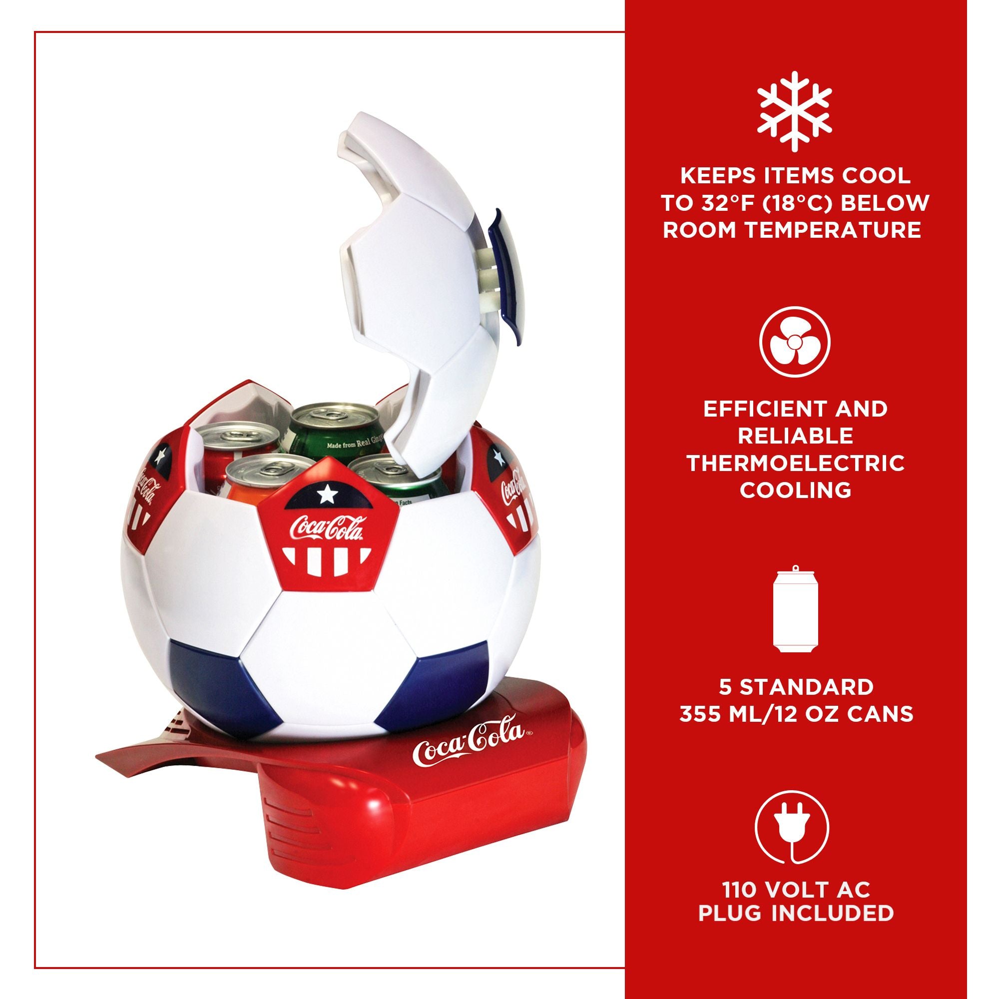 Product shot of Coca-Cola soccer ball shaped mini fridge on a white background, open and filled with 5 cans of Coke products. Text and icons to the right describe: Keeps items cool to 32F (18C) below room temperature; efficient and reliable thermoelectric cooling; 5 standard 355 mL/12 oz cans; 110 volt AC plug included