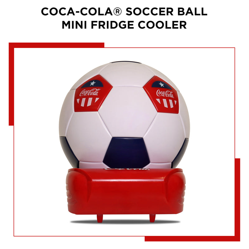 Product shot of Coca-Cola soccer ball shaped mini fridge on a white background. Text above reads, "Coca-Cola soccer ball mini fridge cooler"