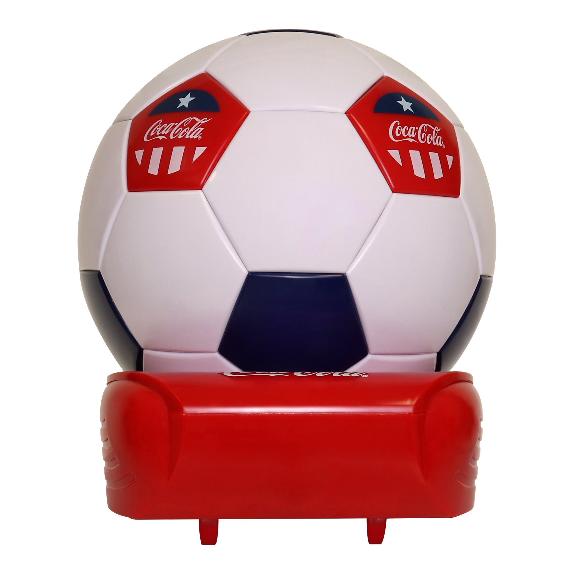Product shot of Coca-Cola soccer ball shaped mini fridge on a white background
