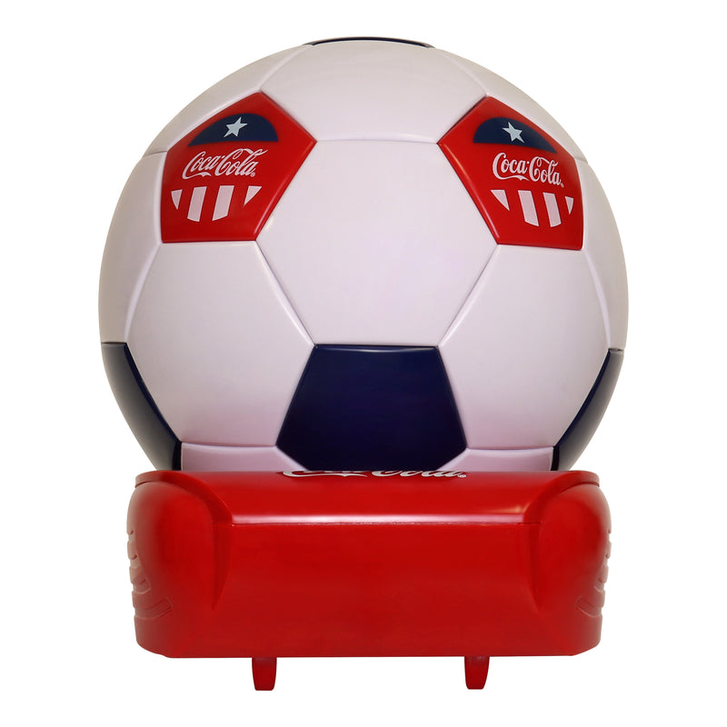 Product shot of Coca-Cola soccer ball shaped mini fridge on a white background