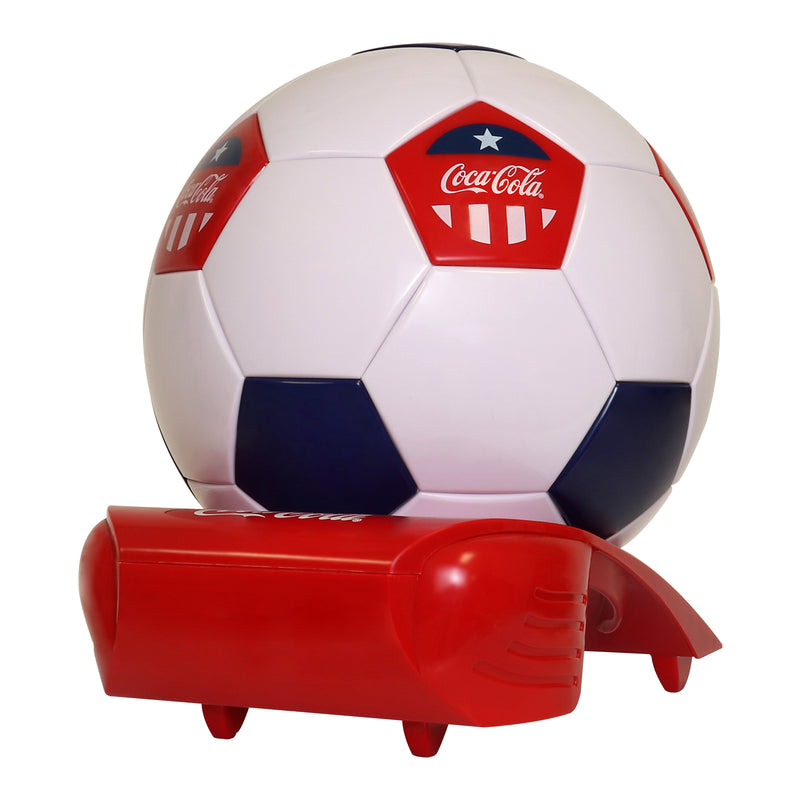 Product shot of Coca-Cola soccer ball shaped mini fridge on a white background