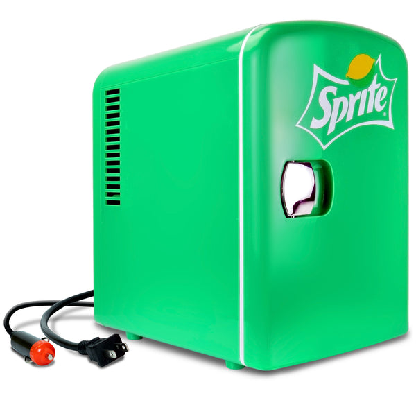Product shot of Coca-Cola Sprite 4L mini fridge, closed, with AC and DC power cords visible, on a white background