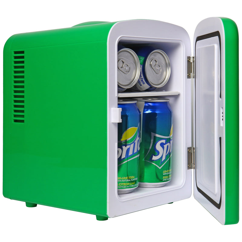 Product shot of Coca-Cola Sprite 6 can mini fridge open with 6 cans of Sprite inside on a white background