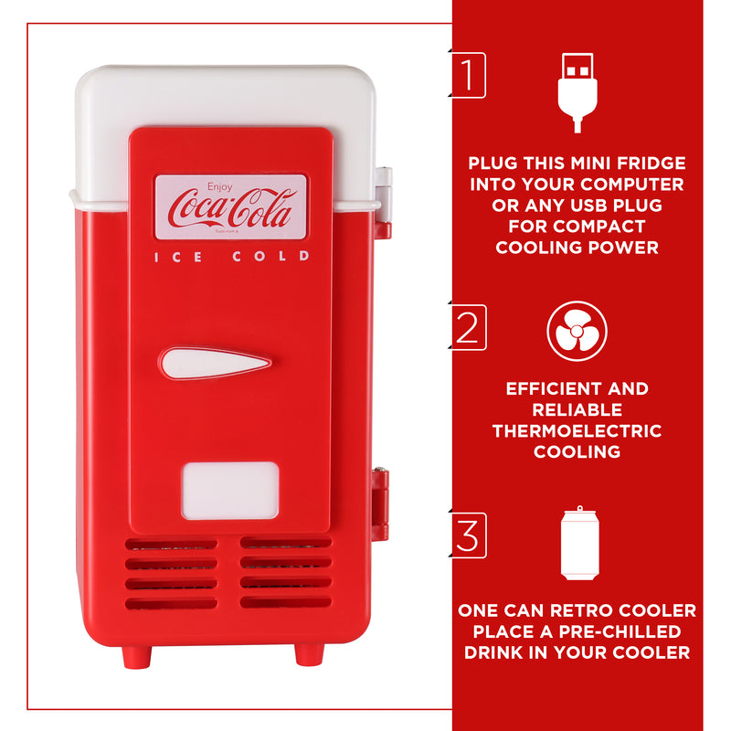 Product shot of Coca-Cola single can USB cooler, closed, on a white background. To the right are icons and text describing: 1. Plug this mini fridge into your computer or any USB plug for compact cooling power; 2. Efficient and reliable thermoelectric cooling; 3. One can retro cooler - place a pre-chilled drink in your cooler