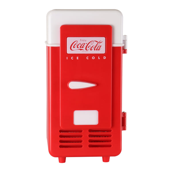 Product shot of Coca-Cola single can USB cooler, closed, on a white background