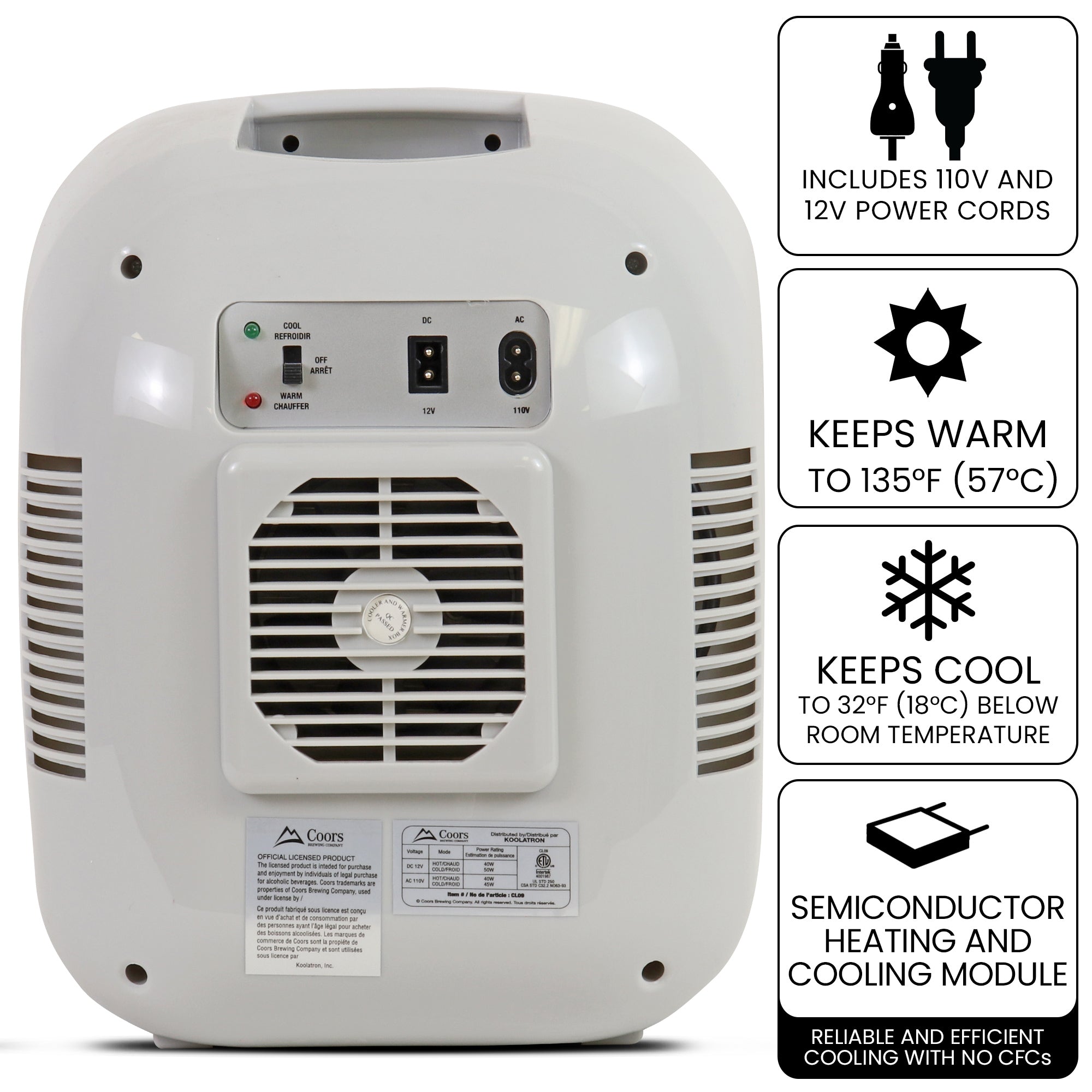 Product shot of the back of the Coors Light 12 can mini fridge/warmer with power switch and plug sockets visible. Text and icons to the right describe: Includes 110V and 12V power cords; Keeps warm to 135F (57C); Keeps cool to 32F (18C) below room temperature; semiconductor cooling module - reliable and efficient cooling with no CFCs