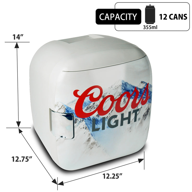 Product shot of Coors Light 12 can cooler/warmer, closed, on a white background with dimensions labeled. Inset text and icons describes: Capacity - 12 cans 355 mL
