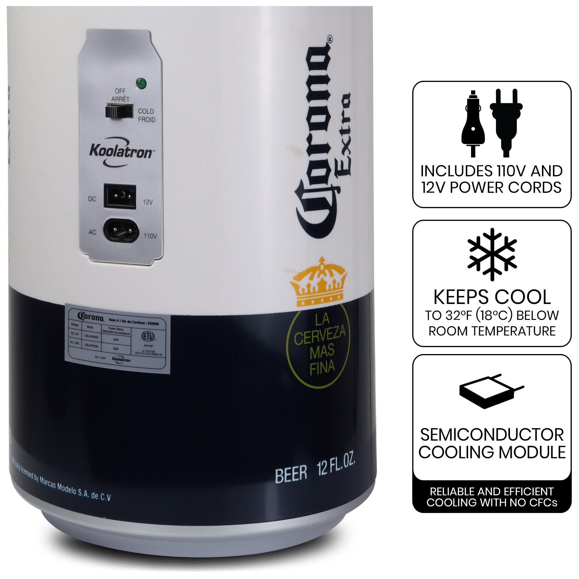 Closeup image of power switch and plug sockets on a white background. To the right are icons and text describing: Includes 110V and 12V power cords; keeps cool to 36F (20C) below room temperature; thermoelectric semiconductor cooling module; reliable and efficient cooling with no CFCs